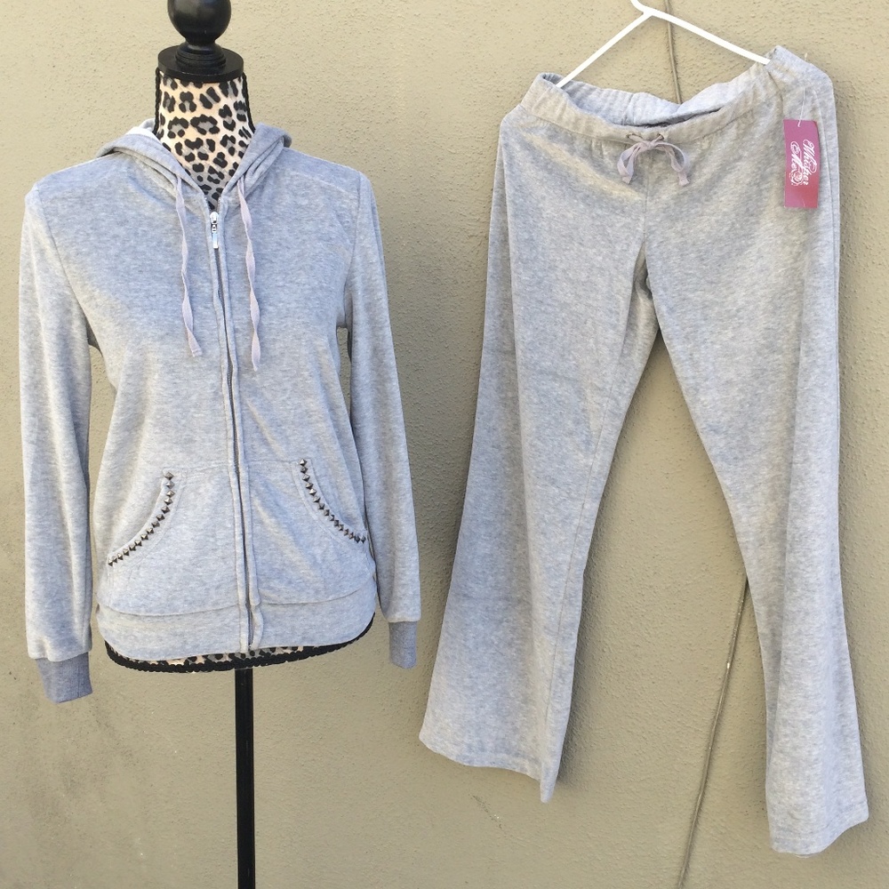 Gray Velour Track Suit Studded Hoodie + Sweatpants